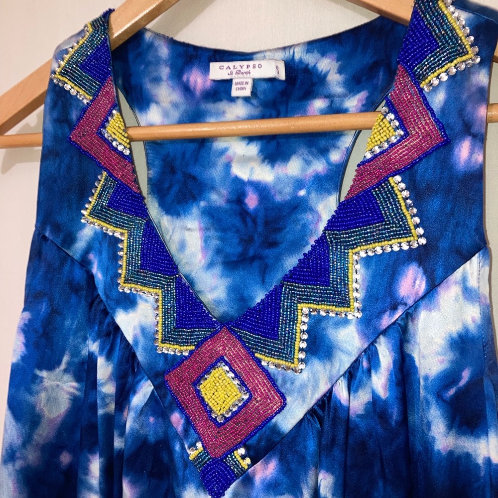 NWOT Calypso St Barth 100%Silk Beaded Tie-Dye Embellished Sleeveless Dress S